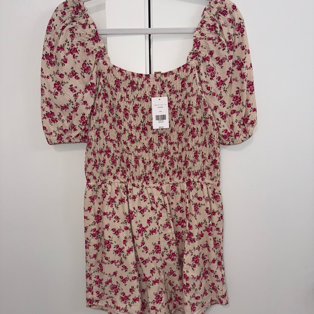 Francesca's Collections Beige Romper with Pink Floral Print